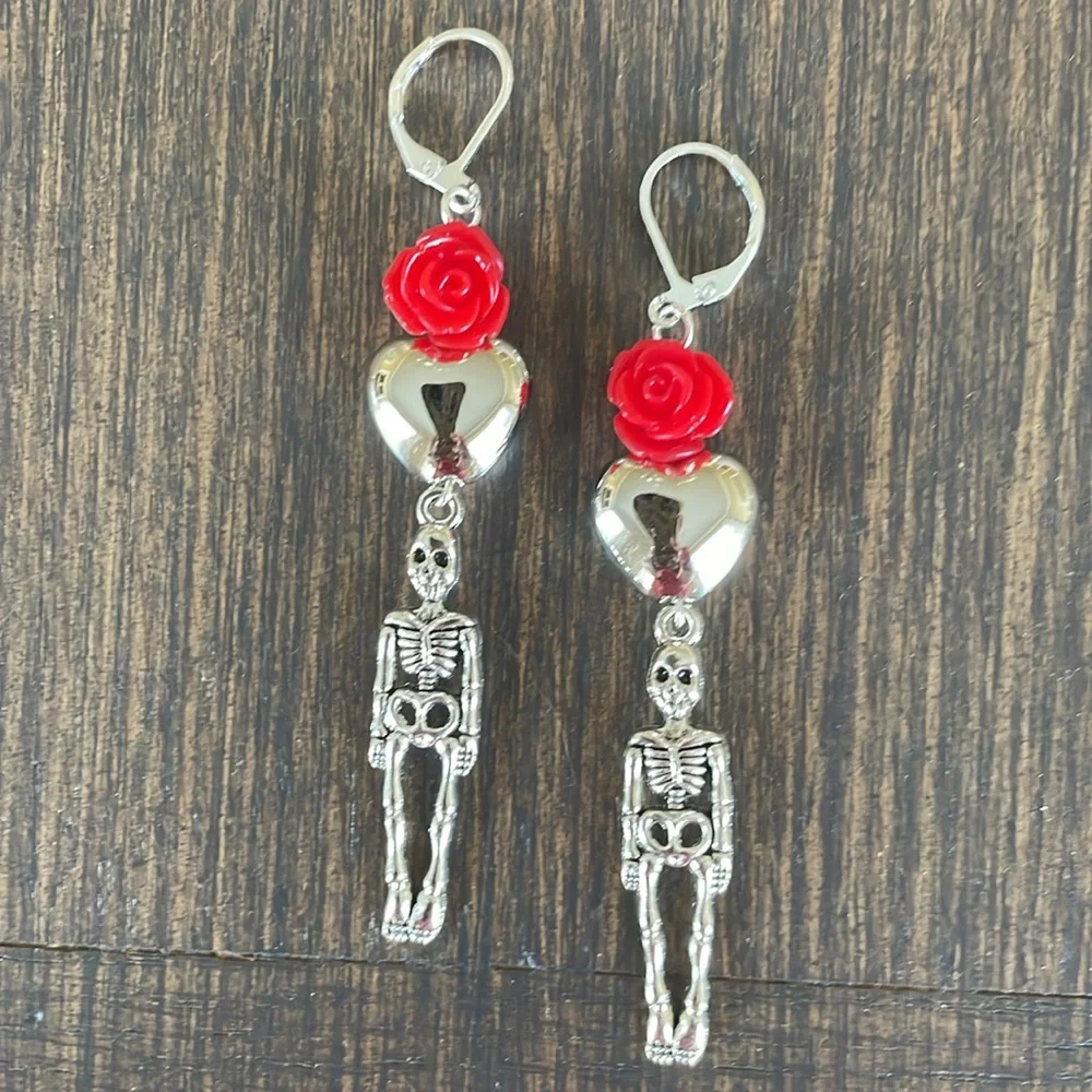 HAND CRAFTED SKELETON EARRINGS  Skeleton Charms  Hearts  Rose Beads